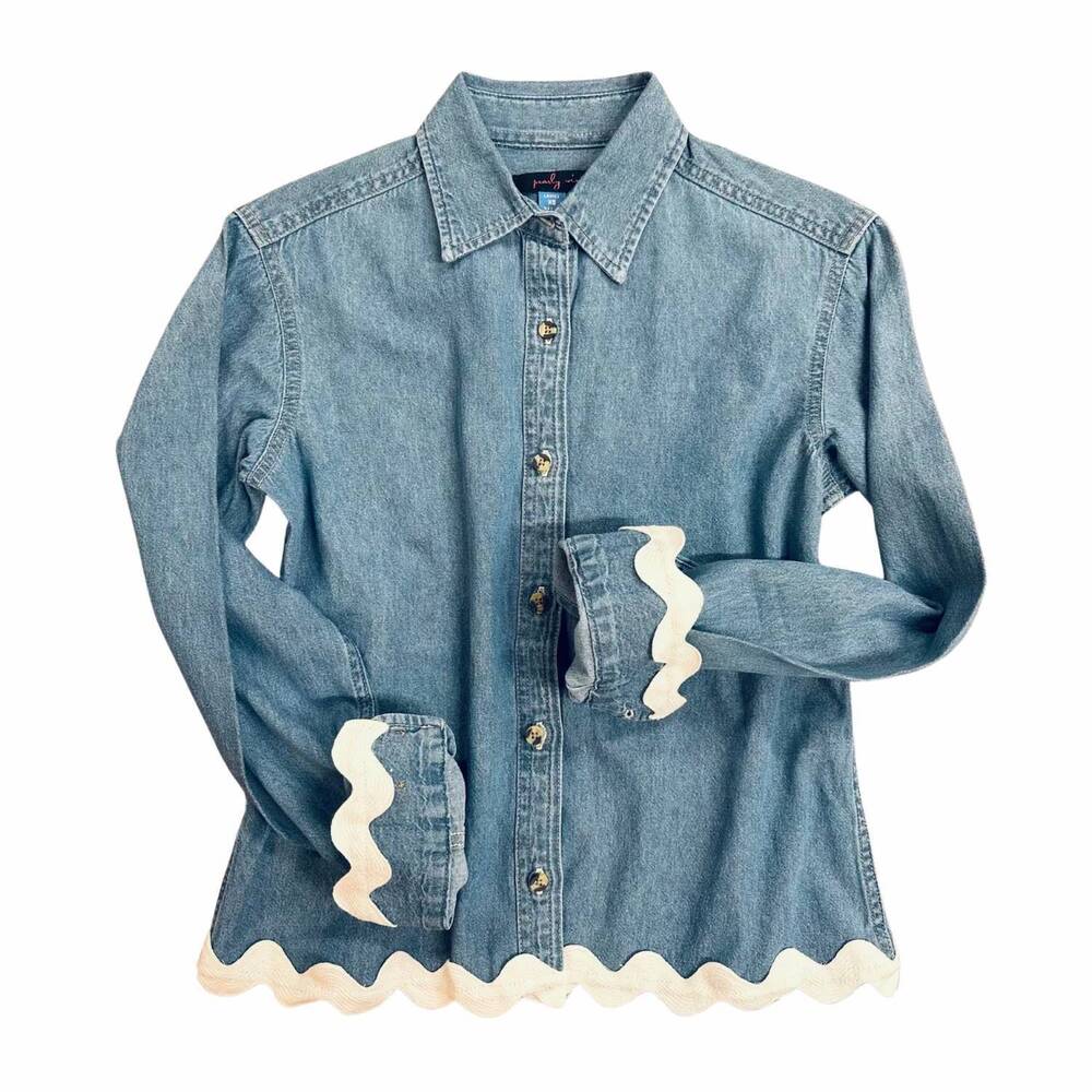 NEW PEARLY VINE women's bridget ric rac shirt in denim/white